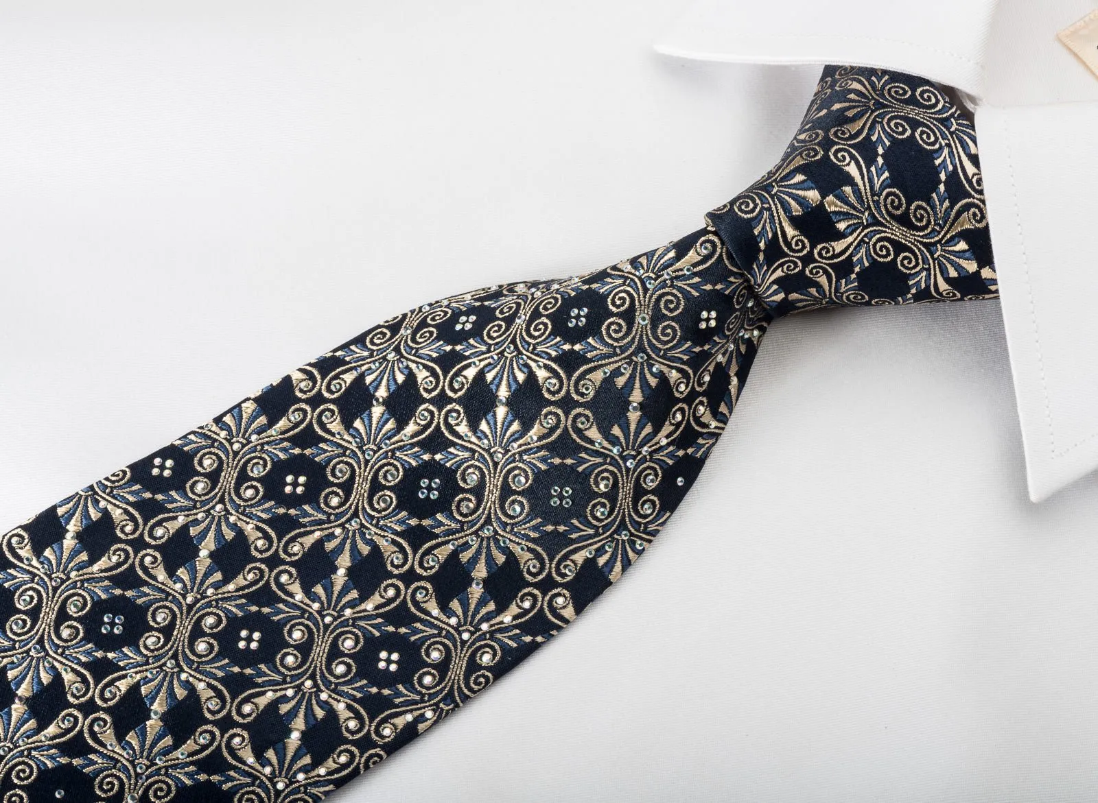 Gold Anthemion On Navy With Rhinestones Silk Necktie