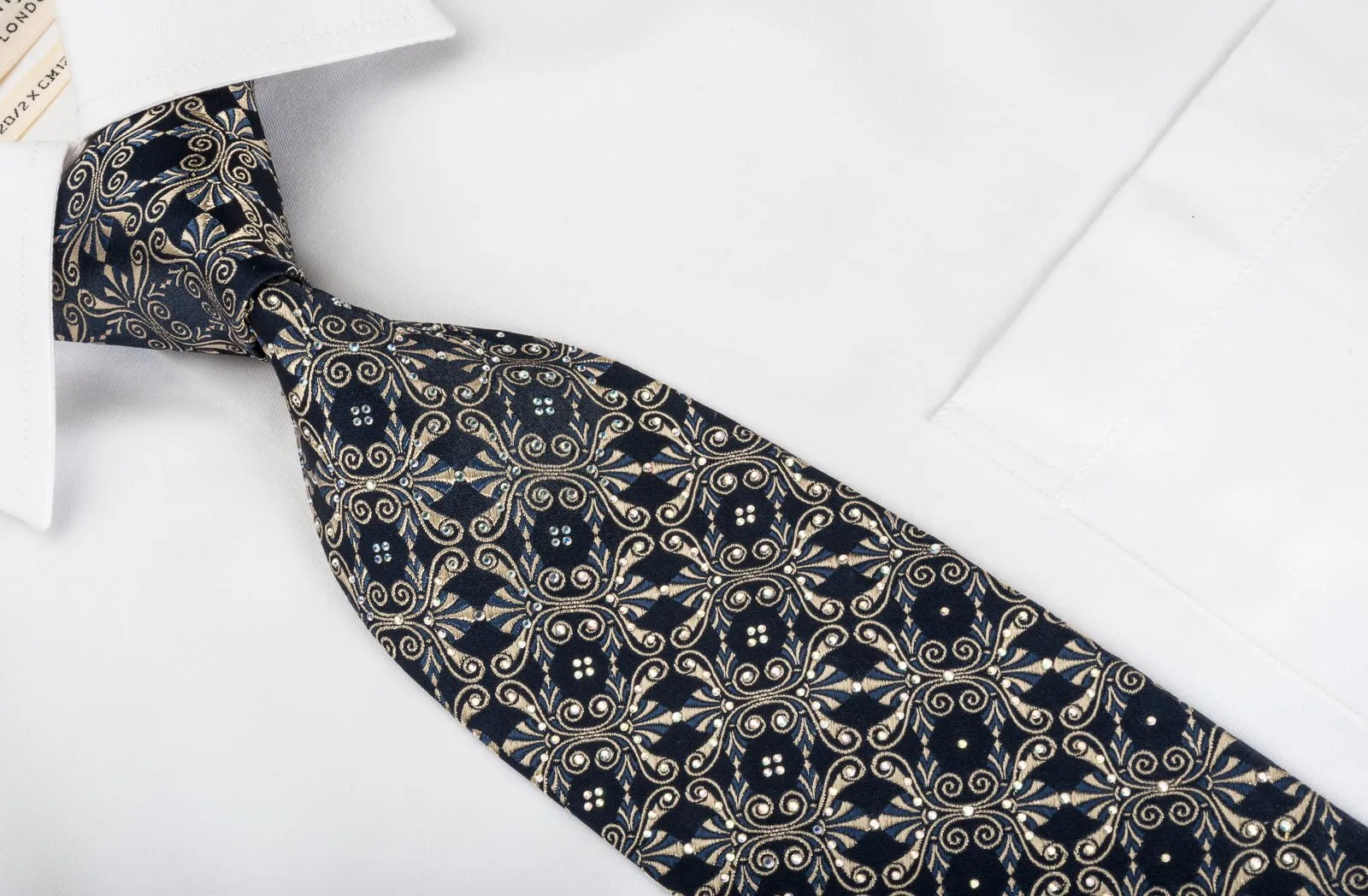 Gold Anthemion On Navy With Rhinestones Silk Necktie