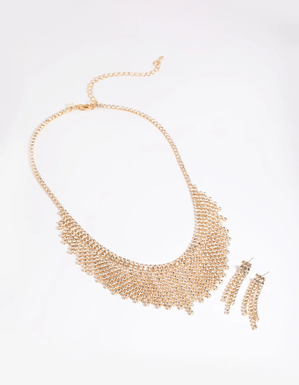Gold Diamante Tassel Earrings & Necklace Set