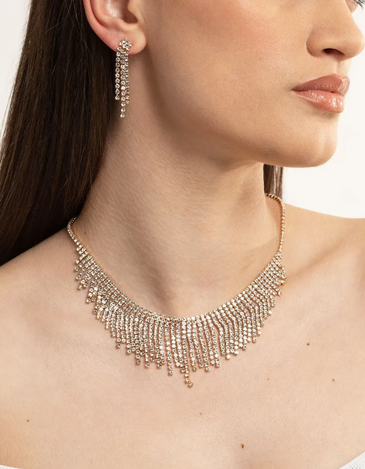 Gold Diamante Tassel Earrings & Necklace Set