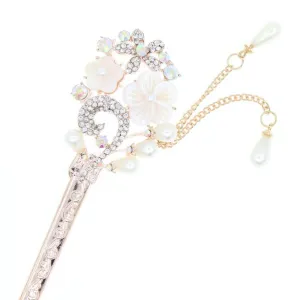 Gold Finish Hair Stick with Mother-of-Pearl Flower Rhinestones Glass Pearls and Tassels
