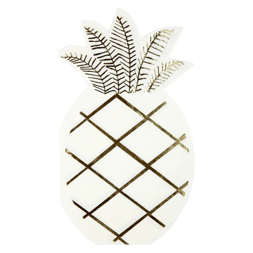 Gold Foil Pineapple Paper Napkins, Set of 16 Shiny Gold Die-Cut Pineapple Napkins,  7" x 4"
