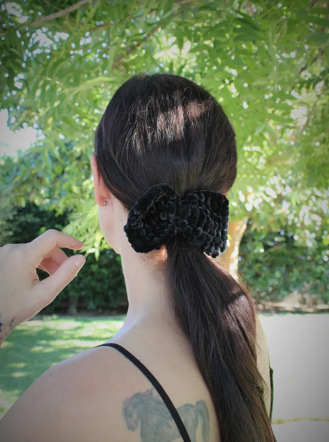 Handknit "Grim" Black Velvet Color Hair Bow