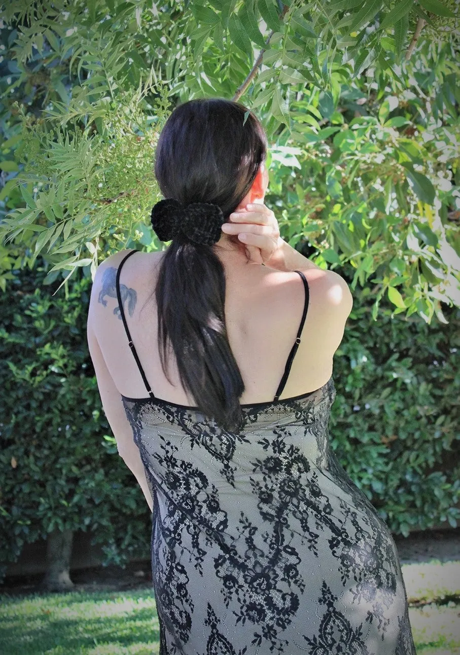 Handknit "Grim" Black Velvet Color Hair Bow
