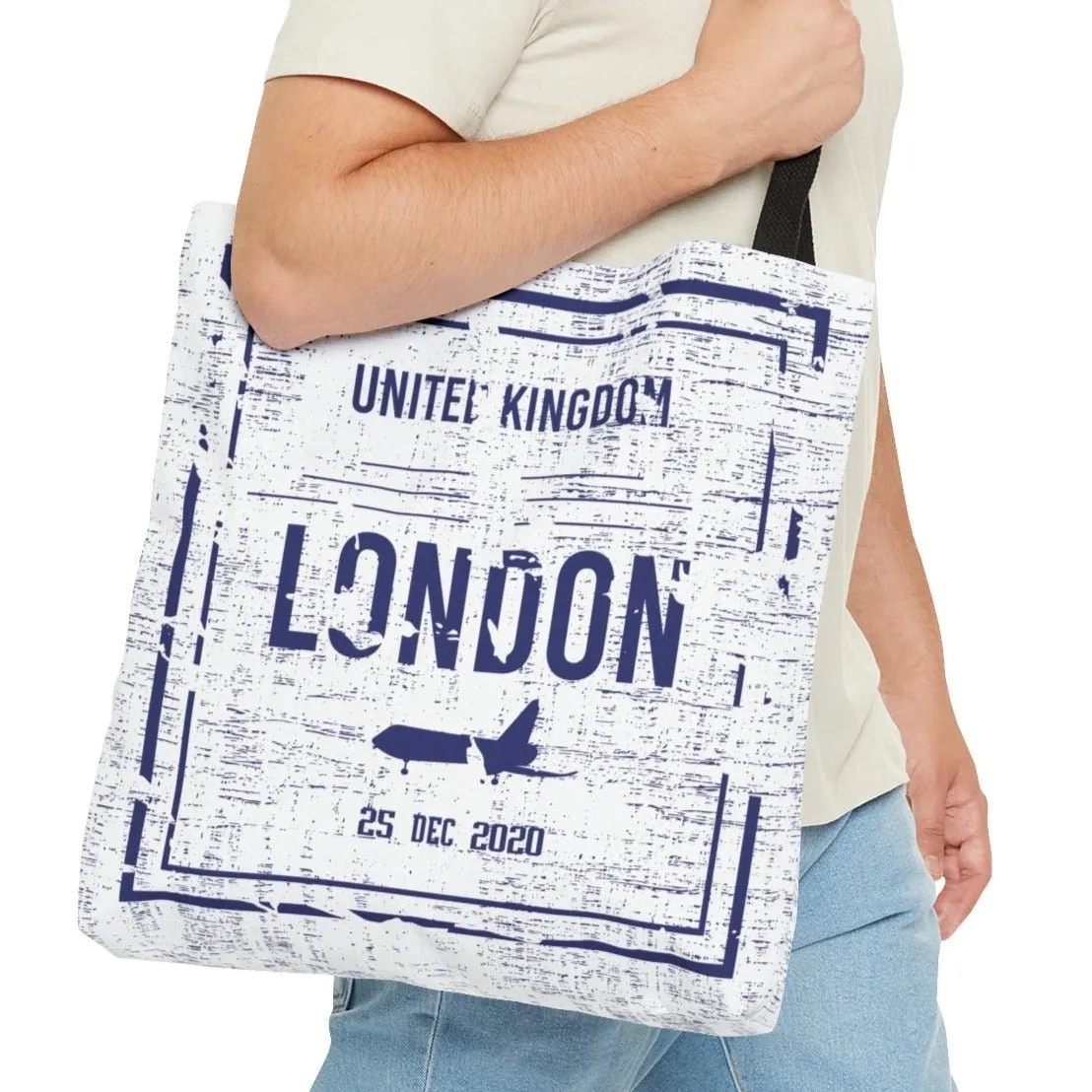 London Passport Stamp Large Tote Bag - Travel-Inspired British Landmarks Shopper