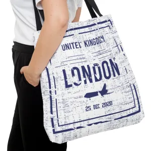 London Passport Stamp Large Tote Bag - Travel-Inspired British Landmarks Shopper