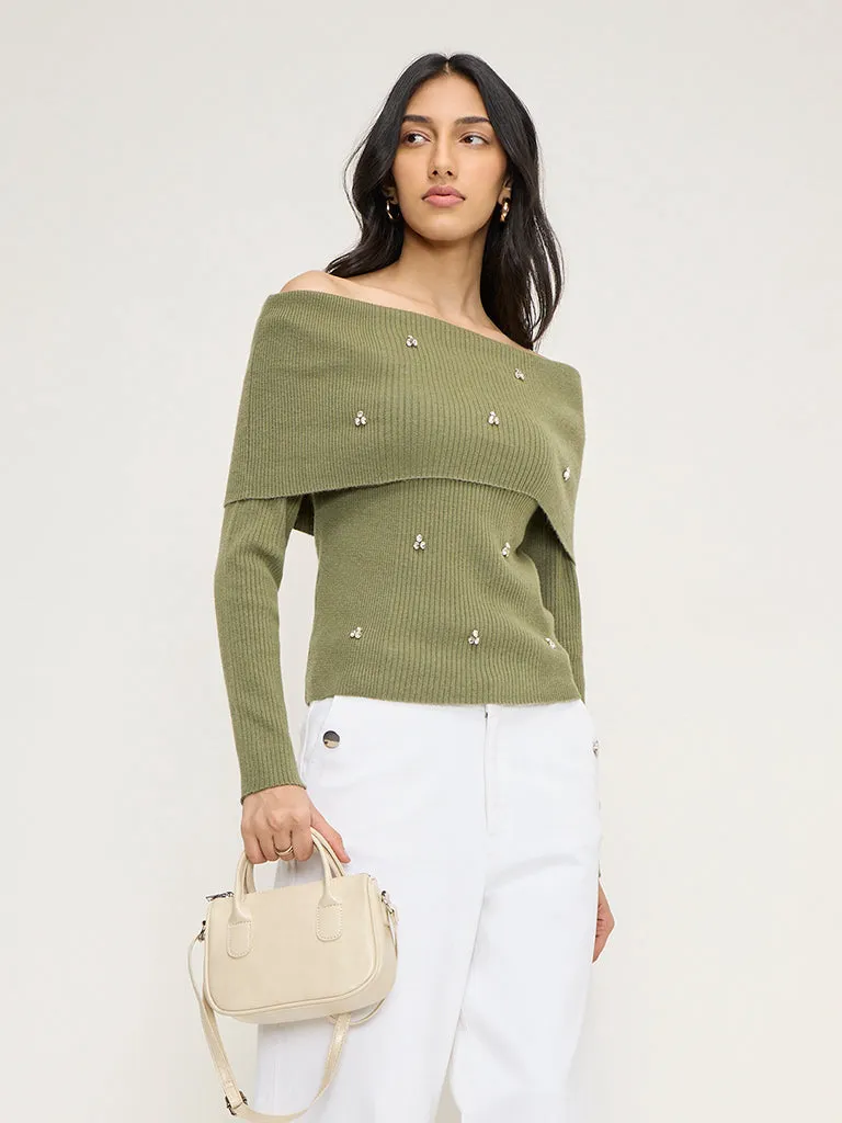 LOV Olive Diamante Embellished Ribbed Top