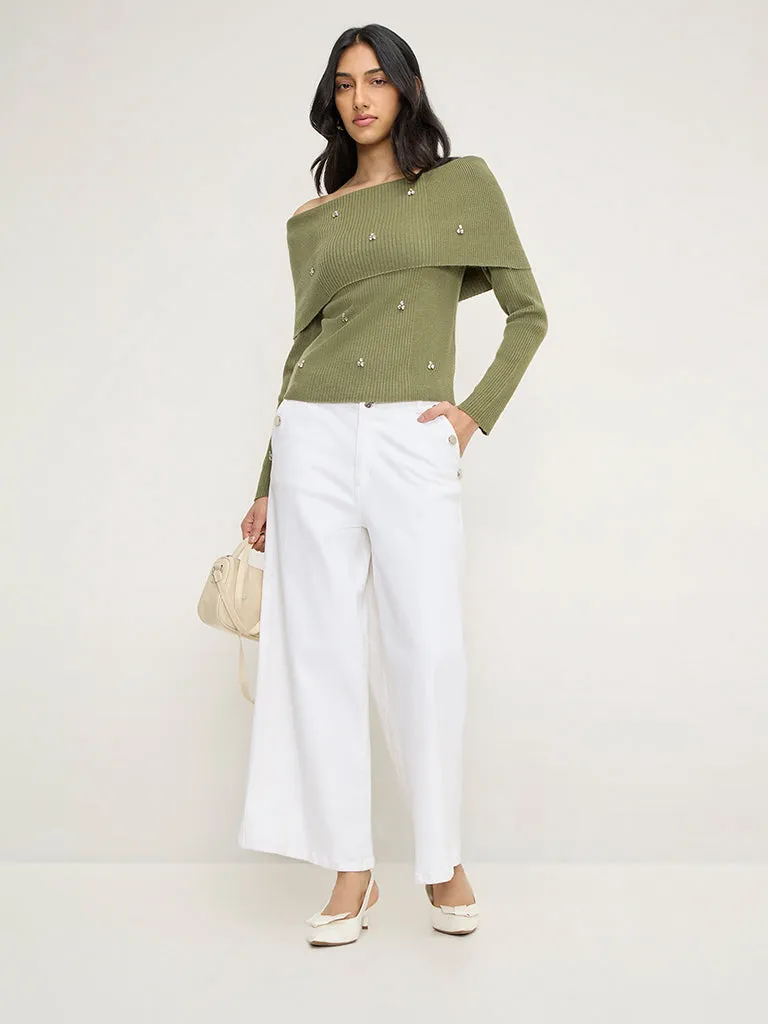 LOV Olive Diamante Embellished Ribbed Top