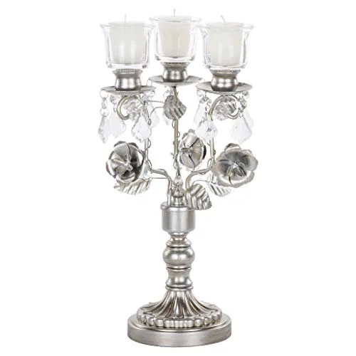 Madeleine Antique Silver Metal Candelabra Centerpiece 3 Votive Candle Taper