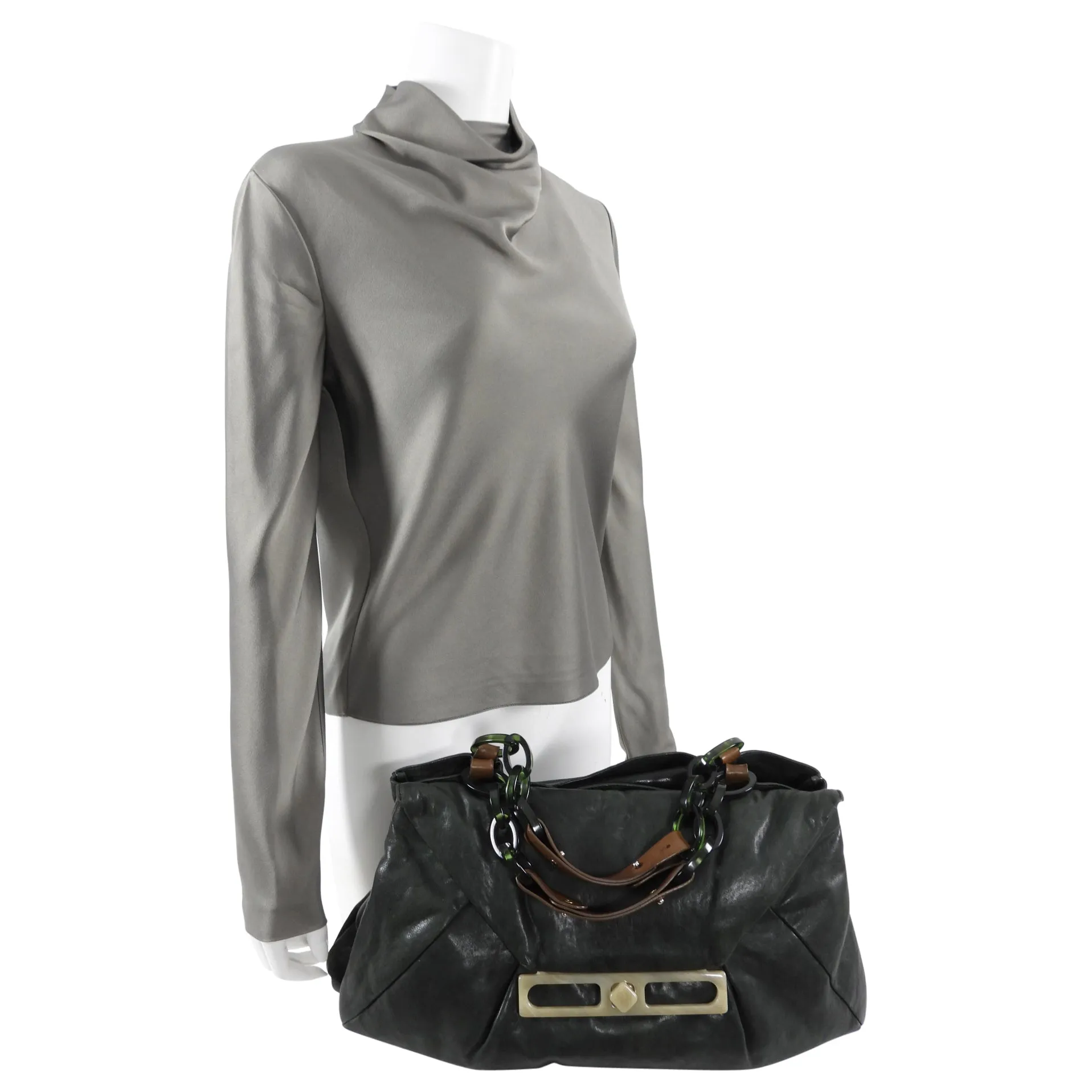 Marni Dark Green Leather Resin Chain Top Handle Bag