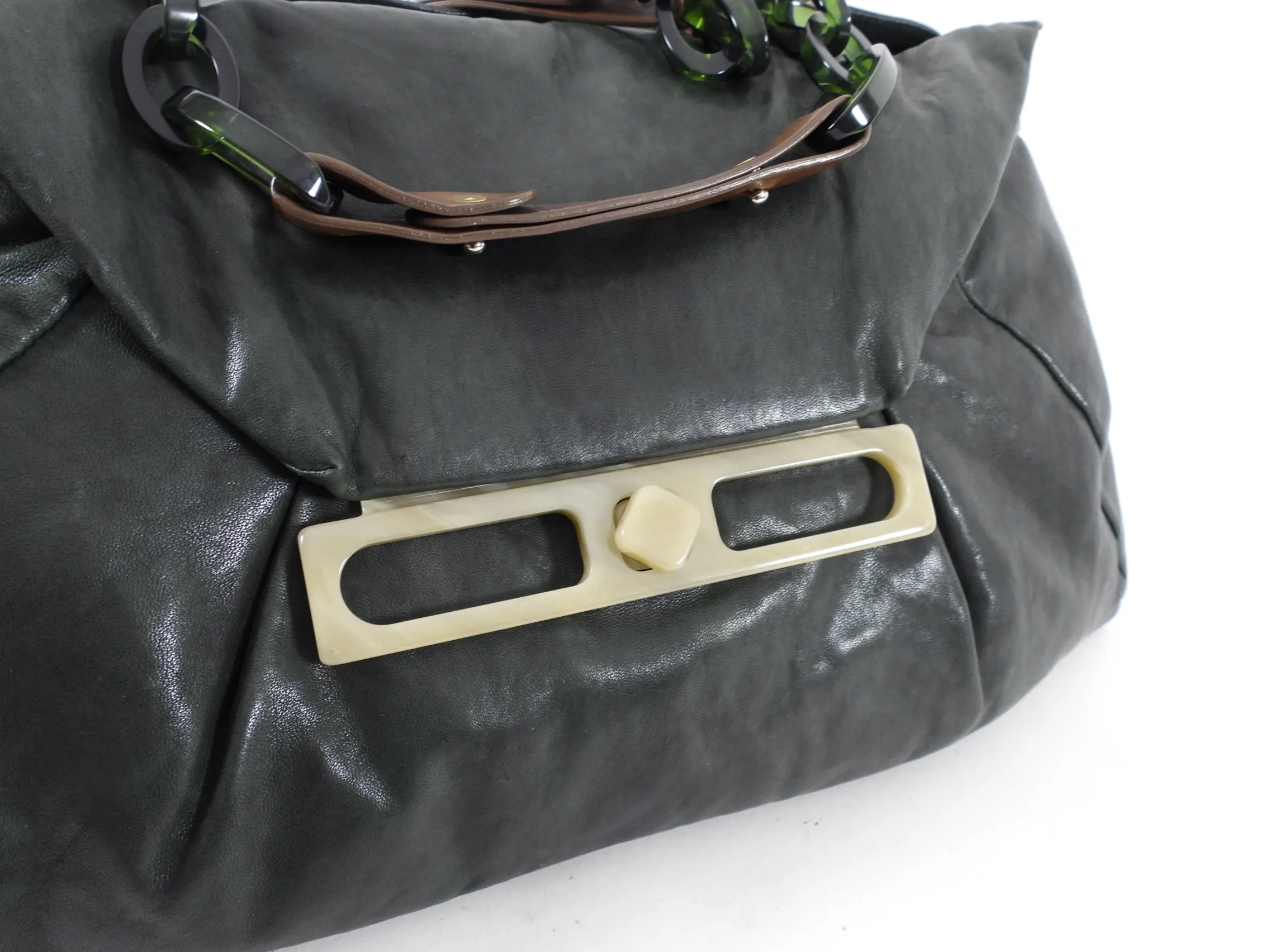 Marni Dark Green Leather Resin Chain Top Handle Bag