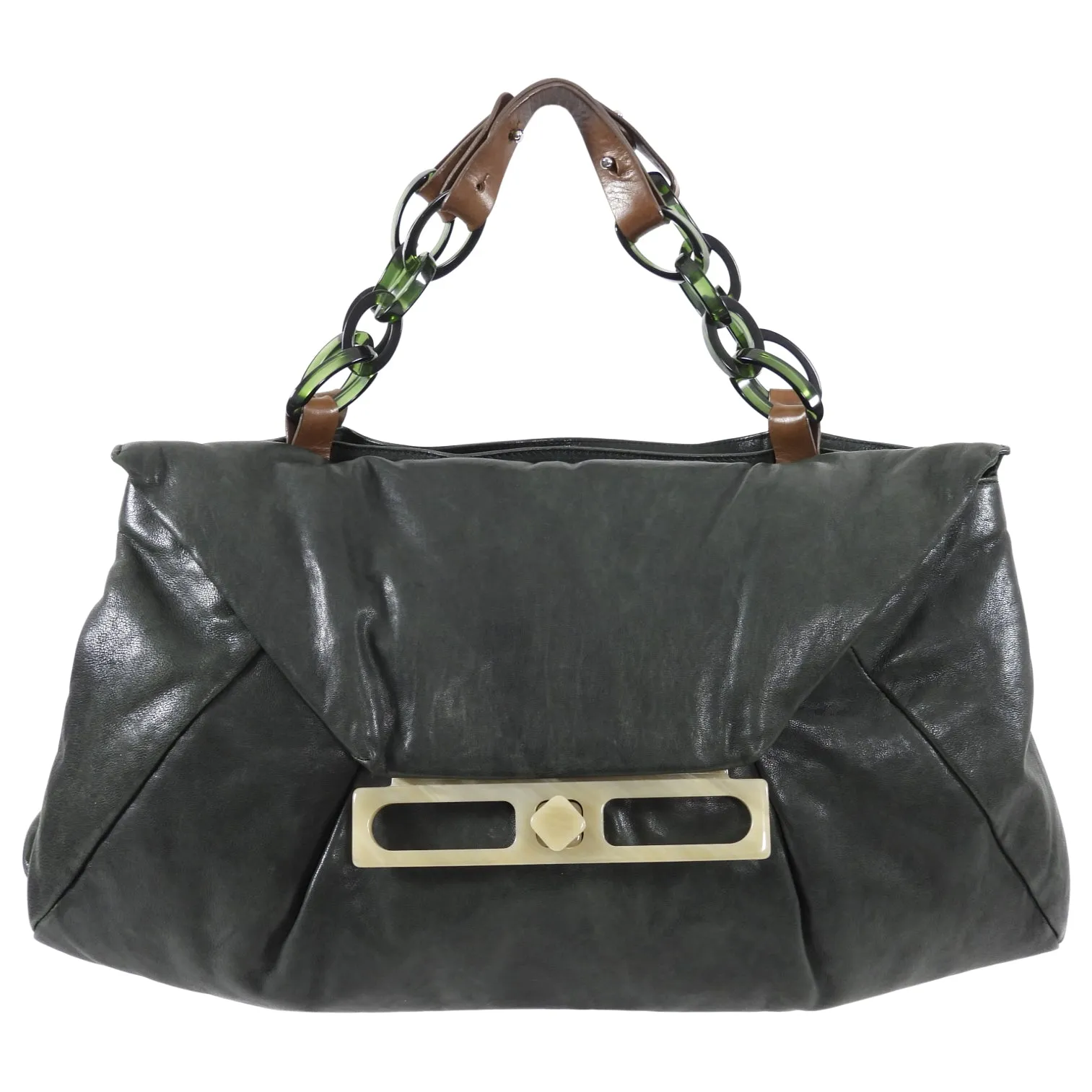 Marni Dark Green Leather Resin Chain Top Handle Bag