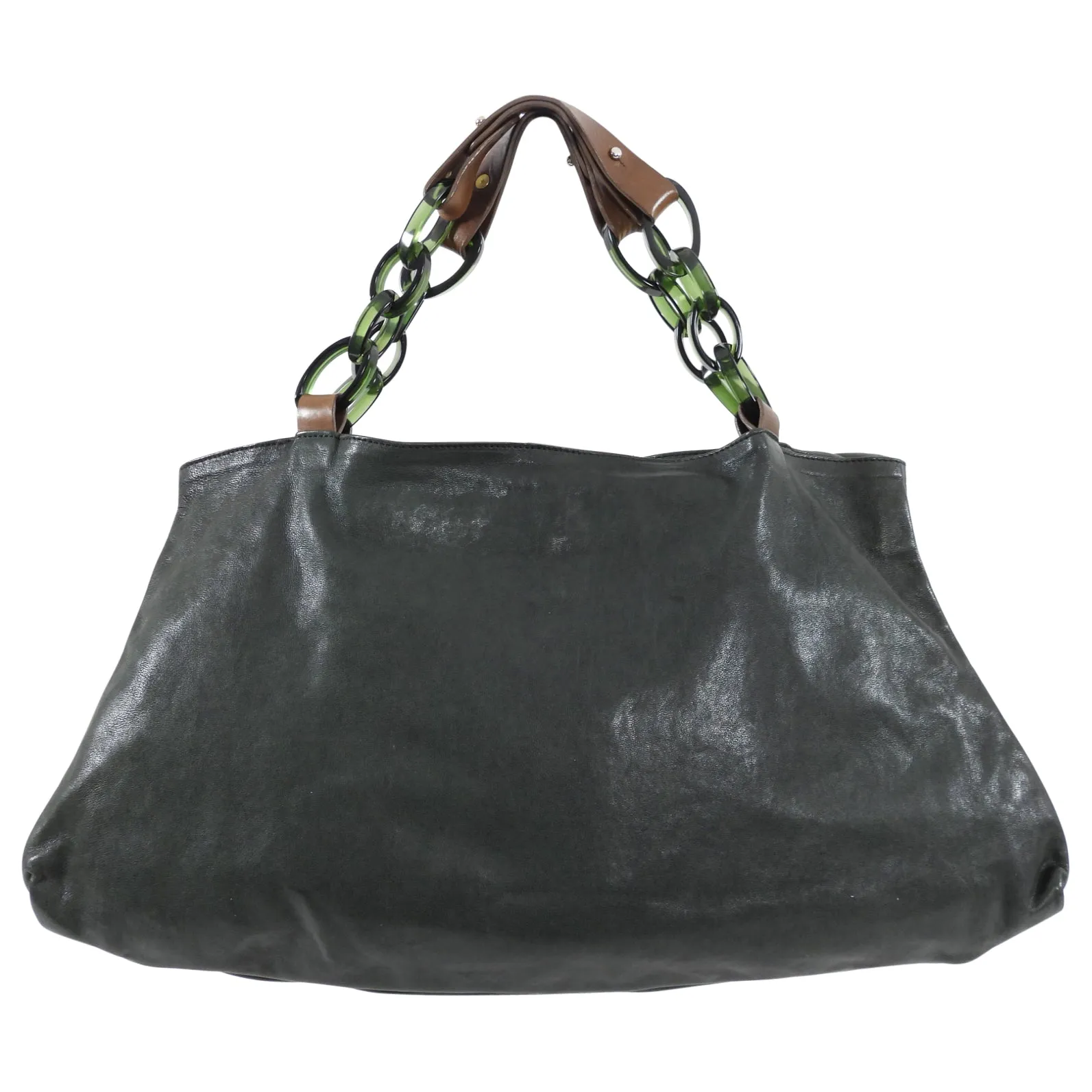 Marni Dark Green Leather Resin Chain Top Handle Bag