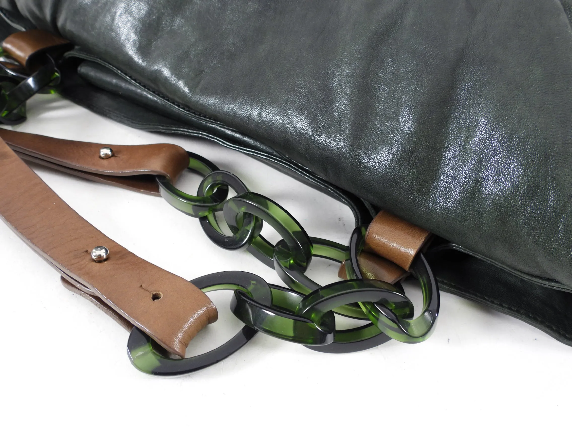 Marni Dark Green Leather Resin Chain Top Handle Bag
