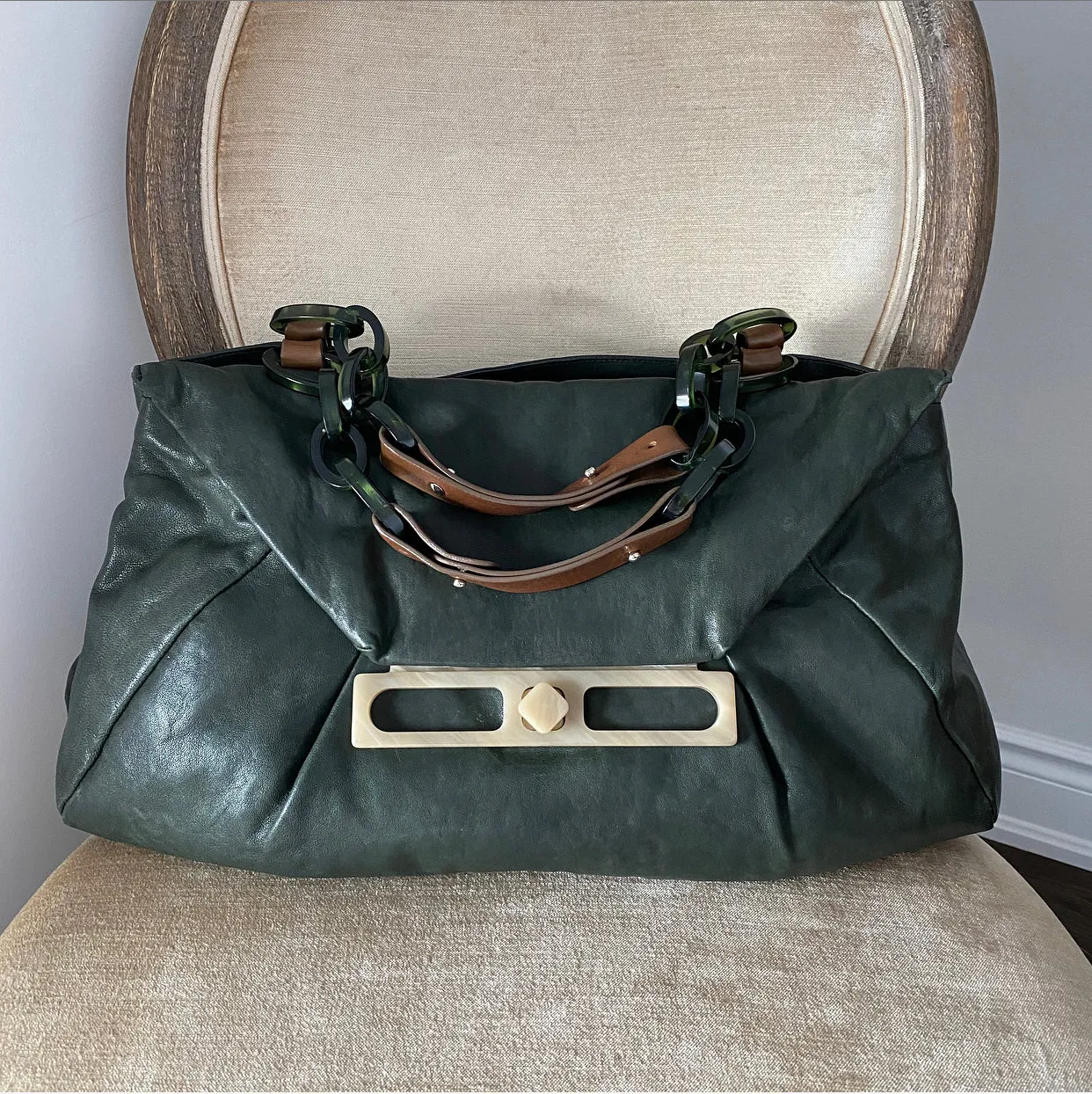 Marni Dark Green Leather Resin Chain Top Handle Bag