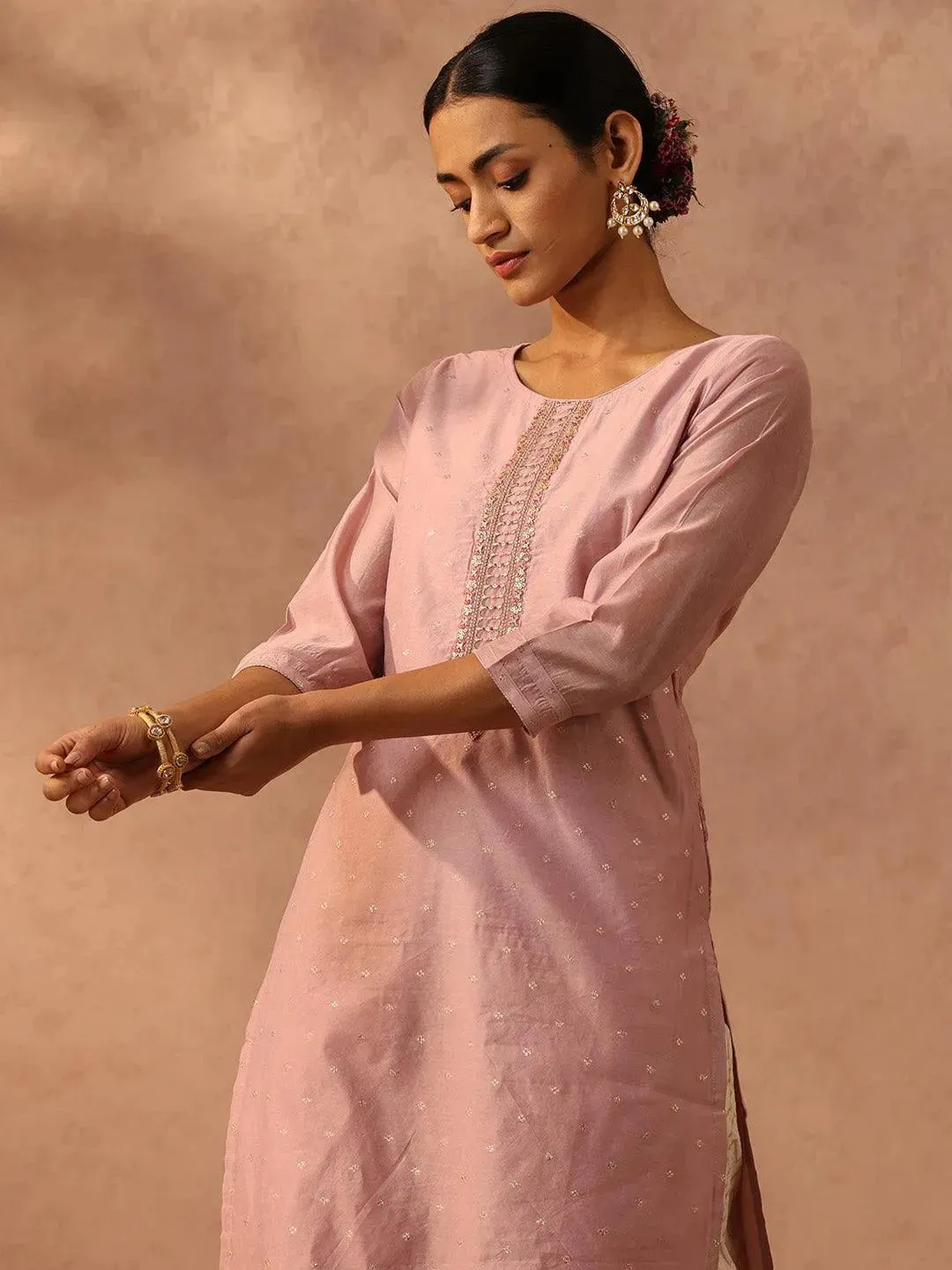 Mauve Embroidered Chanderi Silk Straight Kurta