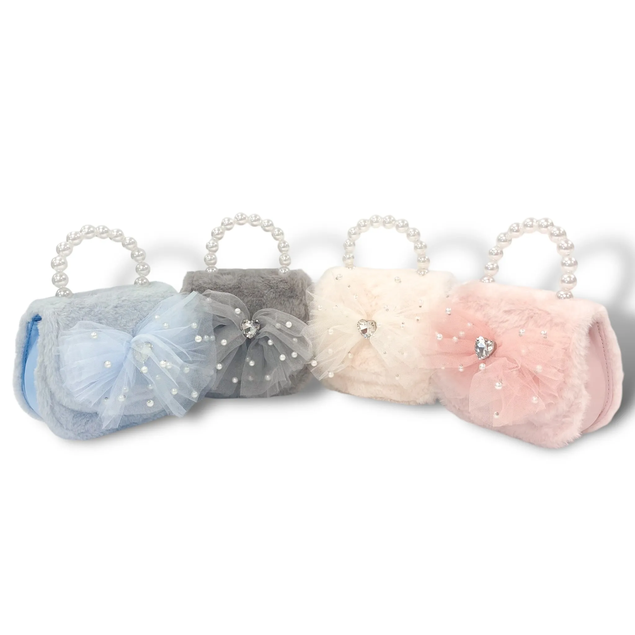 Mesh Bow Furry Purse - Cream