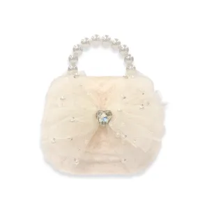 Mesh Bow Furry Purse - Cream
