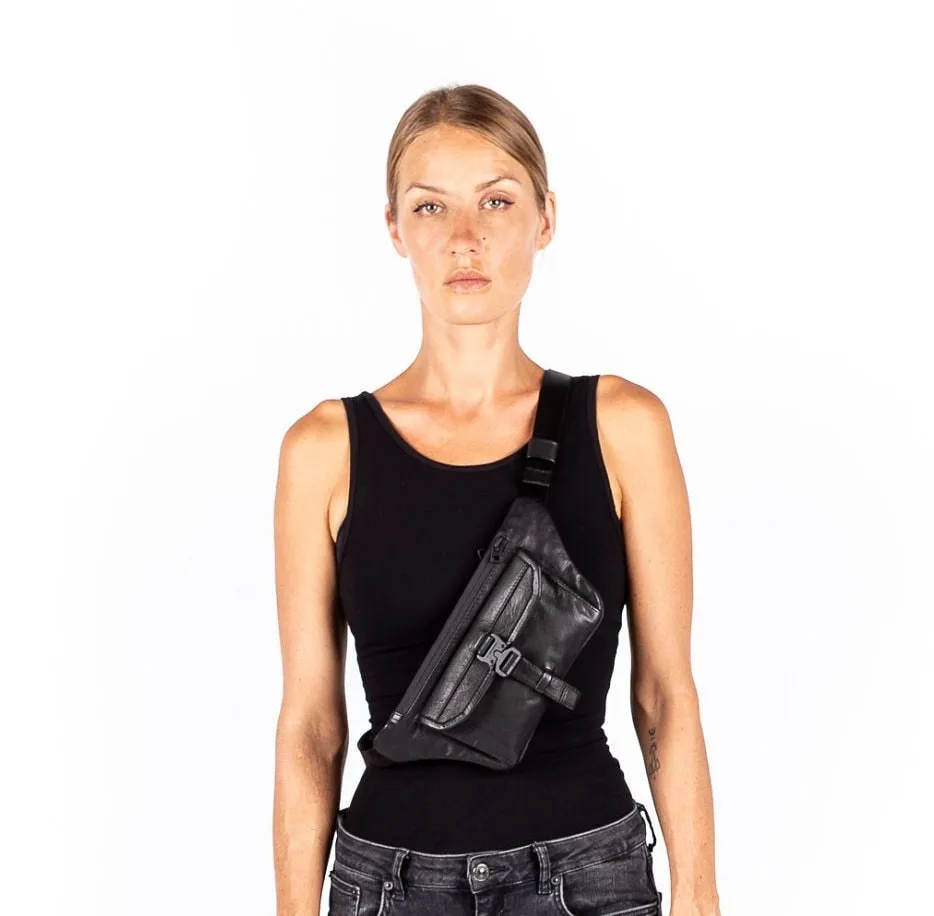 Minimal Edge Black Leather Tech Wear Waist Bag and Sling Bag Passport Holder