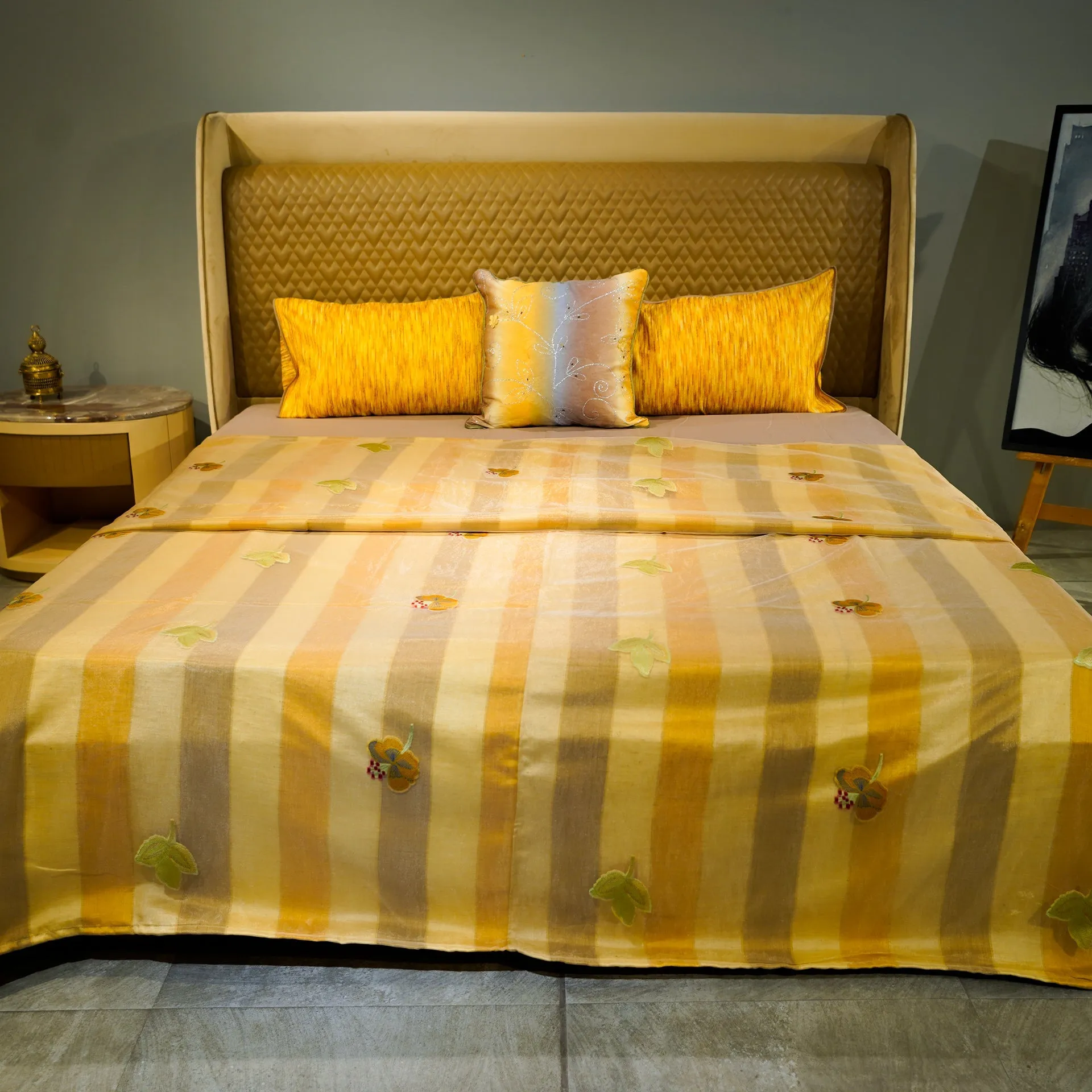Monochrome Blossom Gold Yellow Bed Cover