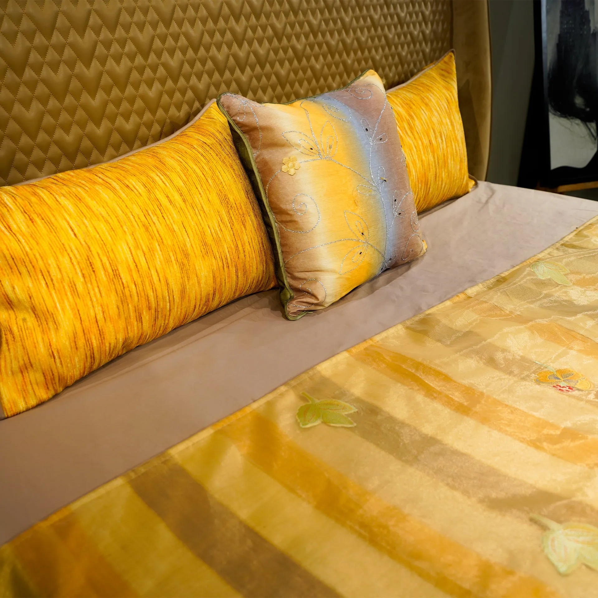 Monochrome Blossom Gold Yellow Bed Cover