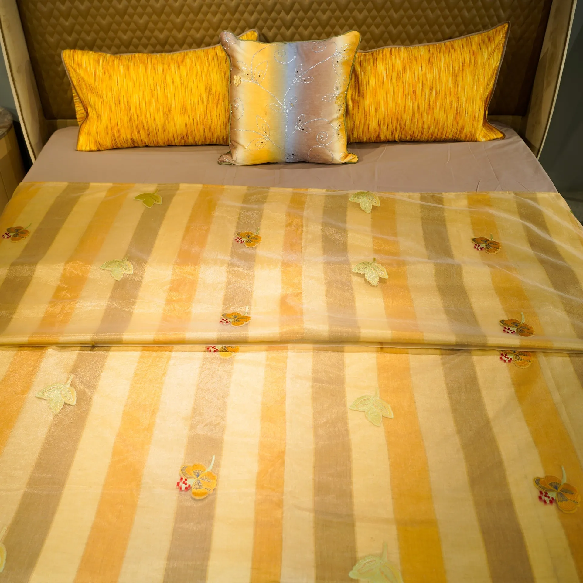 Monochrome Blossom Gold Yellow Bed Cover