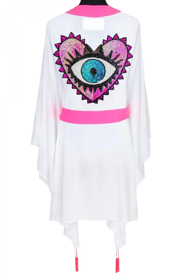 Monochrome - White Kimono Evil Eye (Neon Pink)