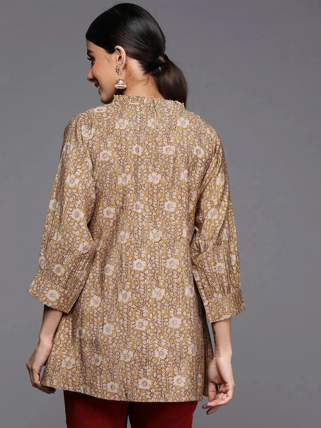 Mustard Printed Silk Blend A-Line Kurti