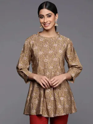 Mustard Printed Silk Blend A-Line Kurti