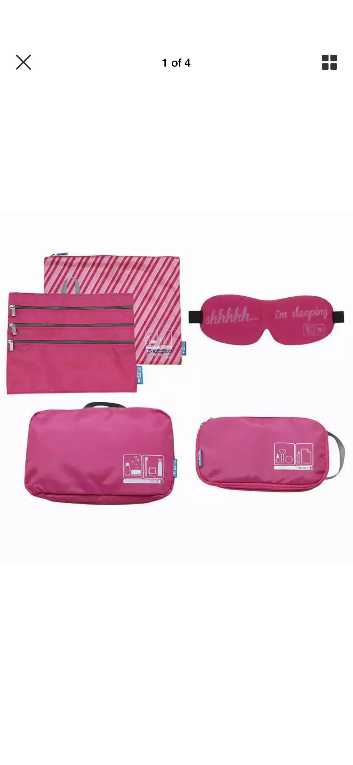 New Flight 001 Cosmetic 4 Piece Travel Eyemask Toiletry Organizer Bag Set, Pink