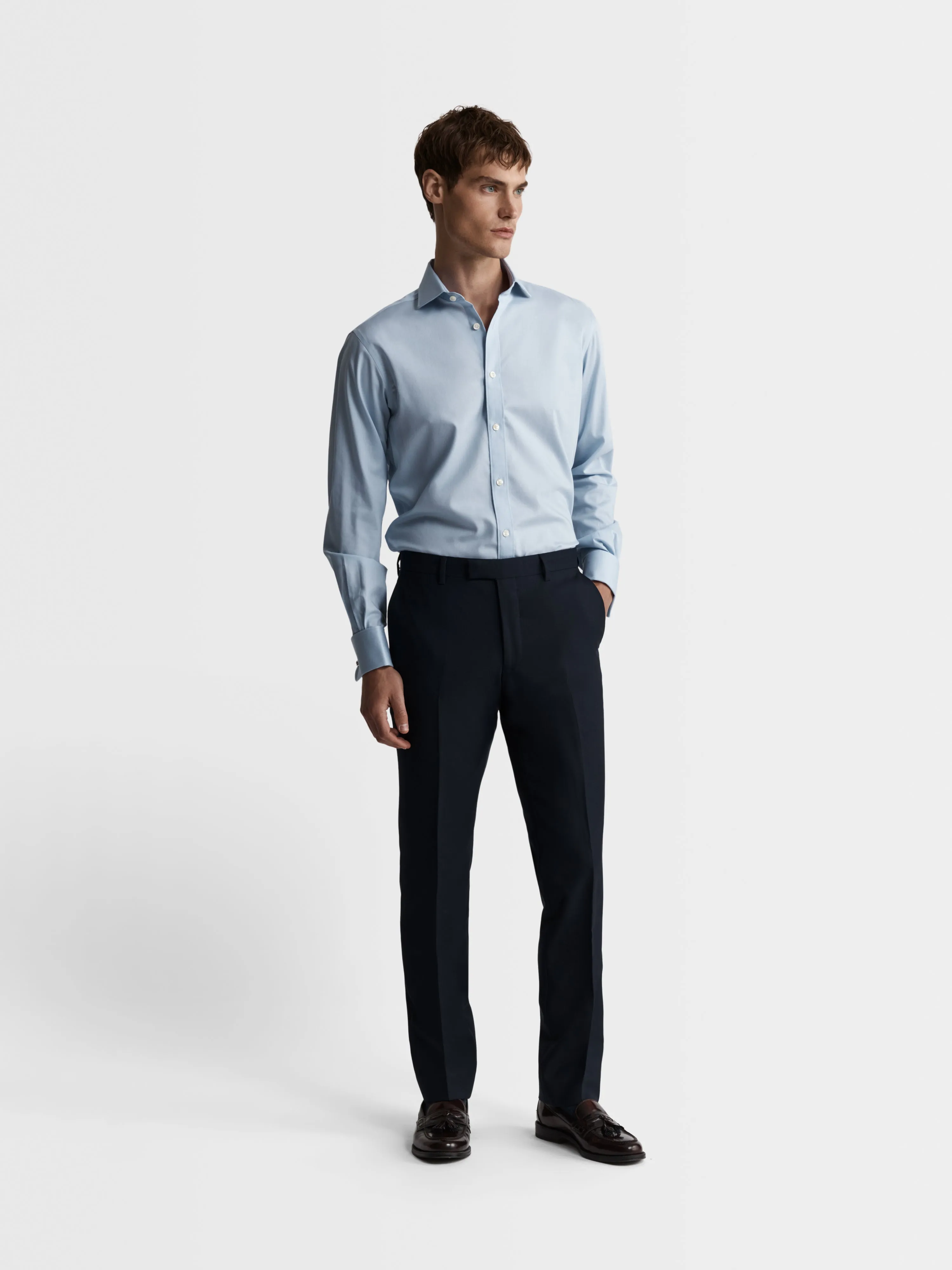Non-Iron Sky Blue Poplin Slim Fit Classic Collar Single Cuff Shirt