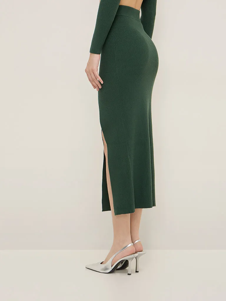 Nuon Dark Green Ribbed Textured High-Rise Skirt
