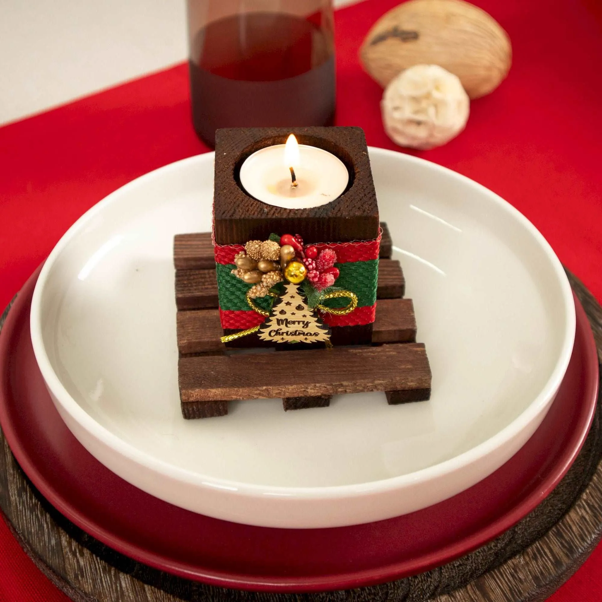 Personalized Christmas New Year Noel Gift Favor Wooden Tealight Holder