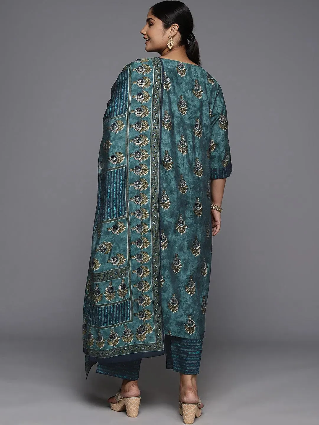 Plus Size Blue Printed Silk Blend Straight Suit With Dupatta