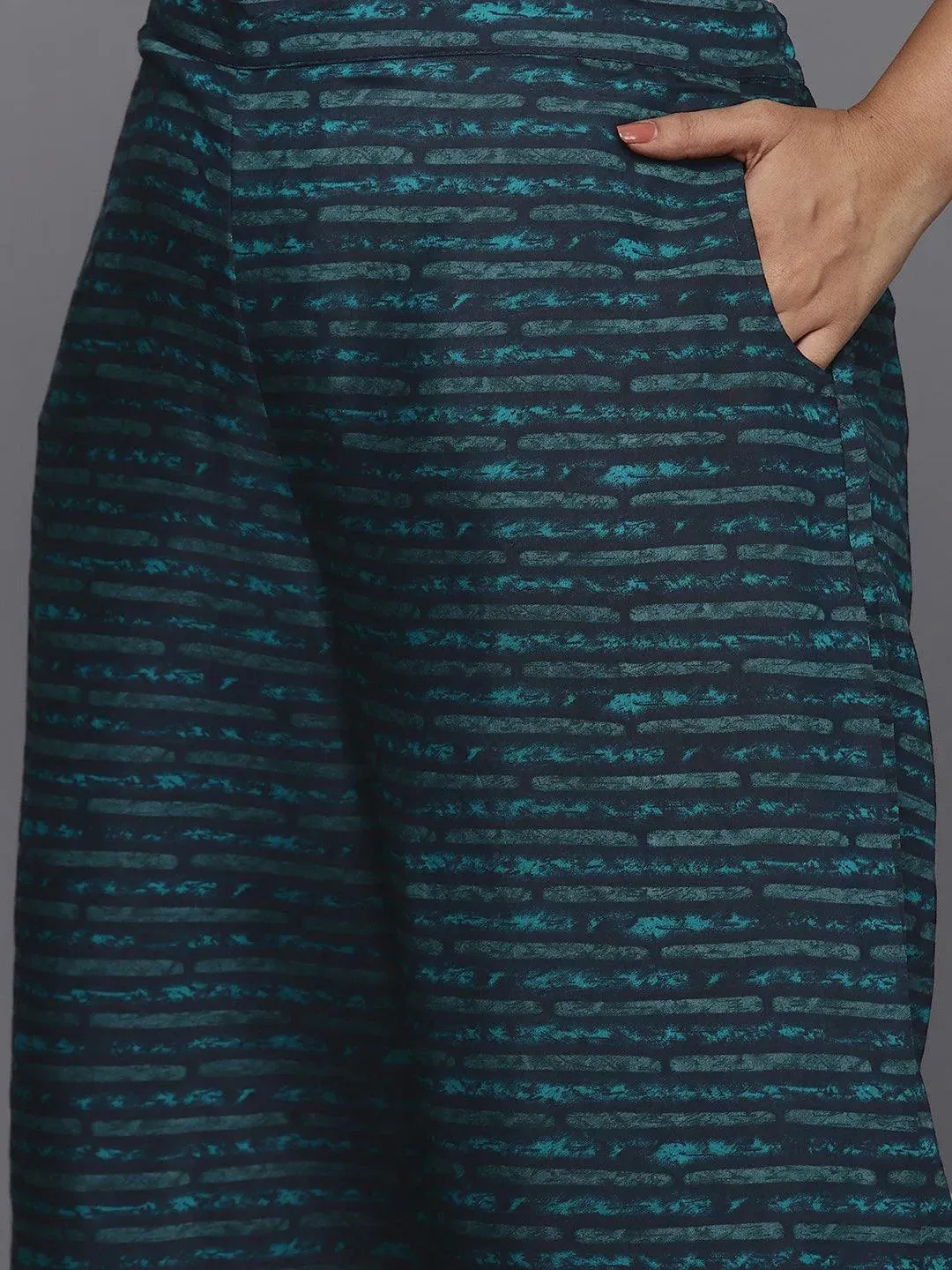 Plus Size Blue Printed Silk Blend Straight Suit With Dupatta