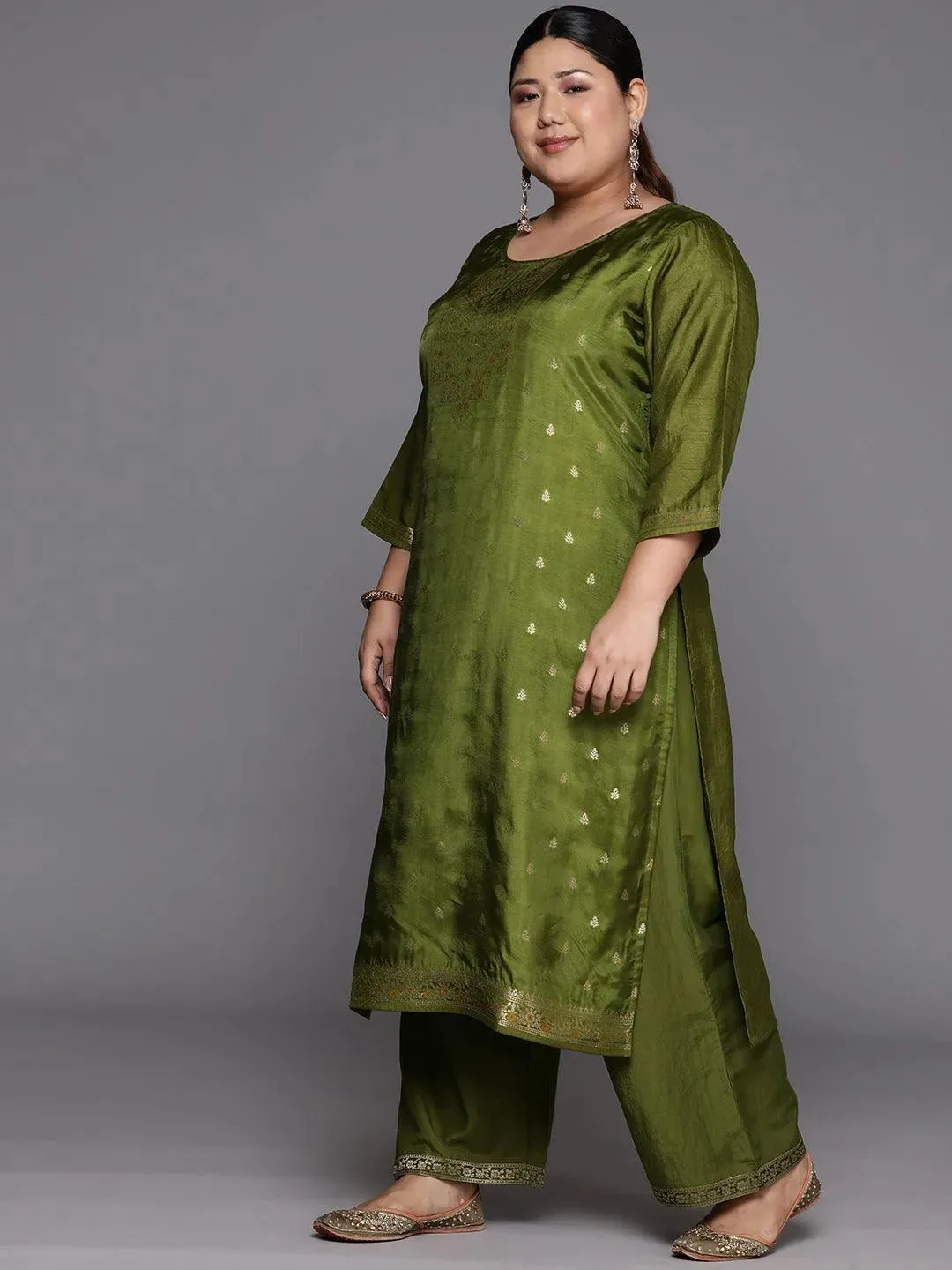 Plus Size Green Woven Design Silk Blend Straight Kurta With Trousers & Dupatta