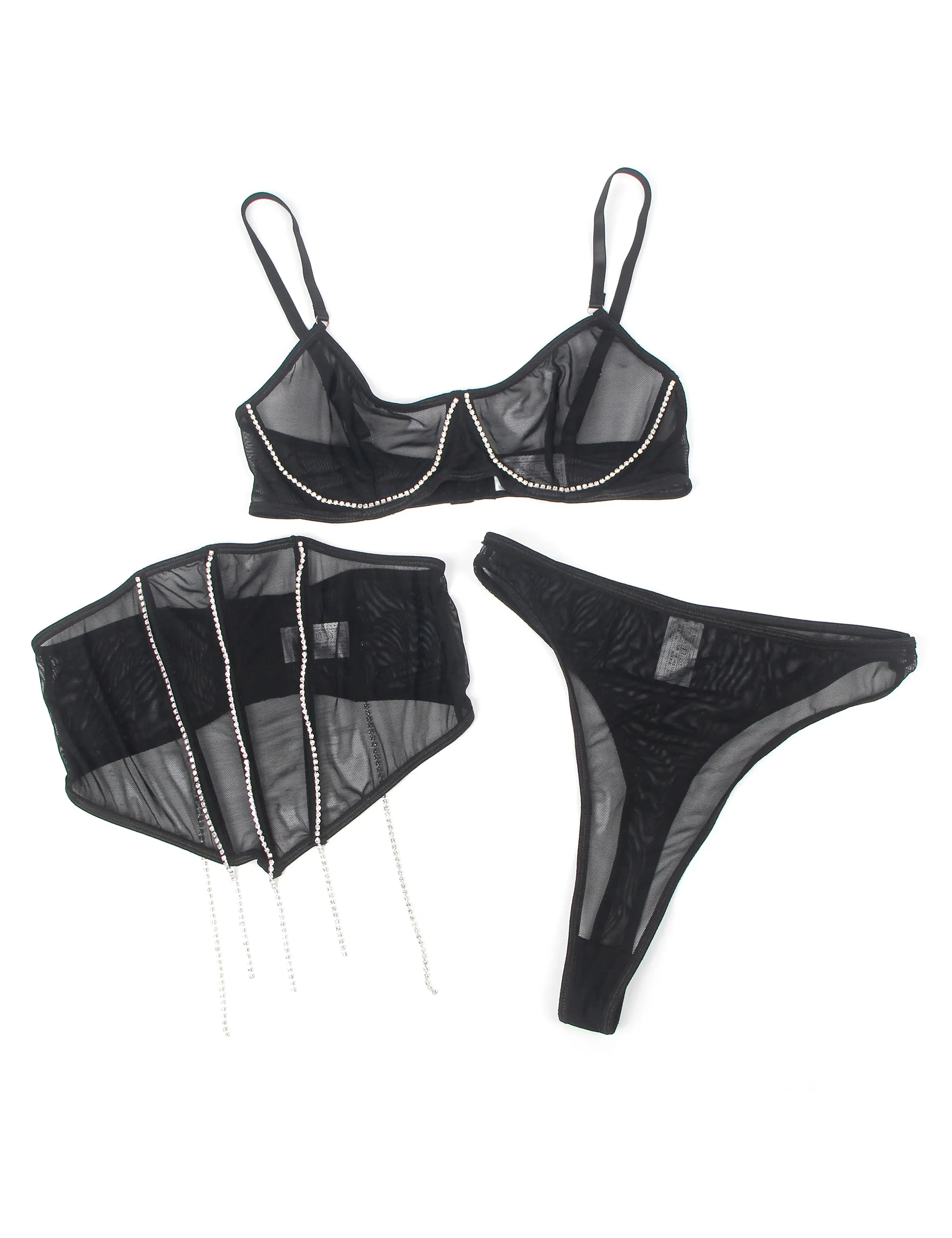 Queen Dazzling Sheer Mesh Bra Waspie Set