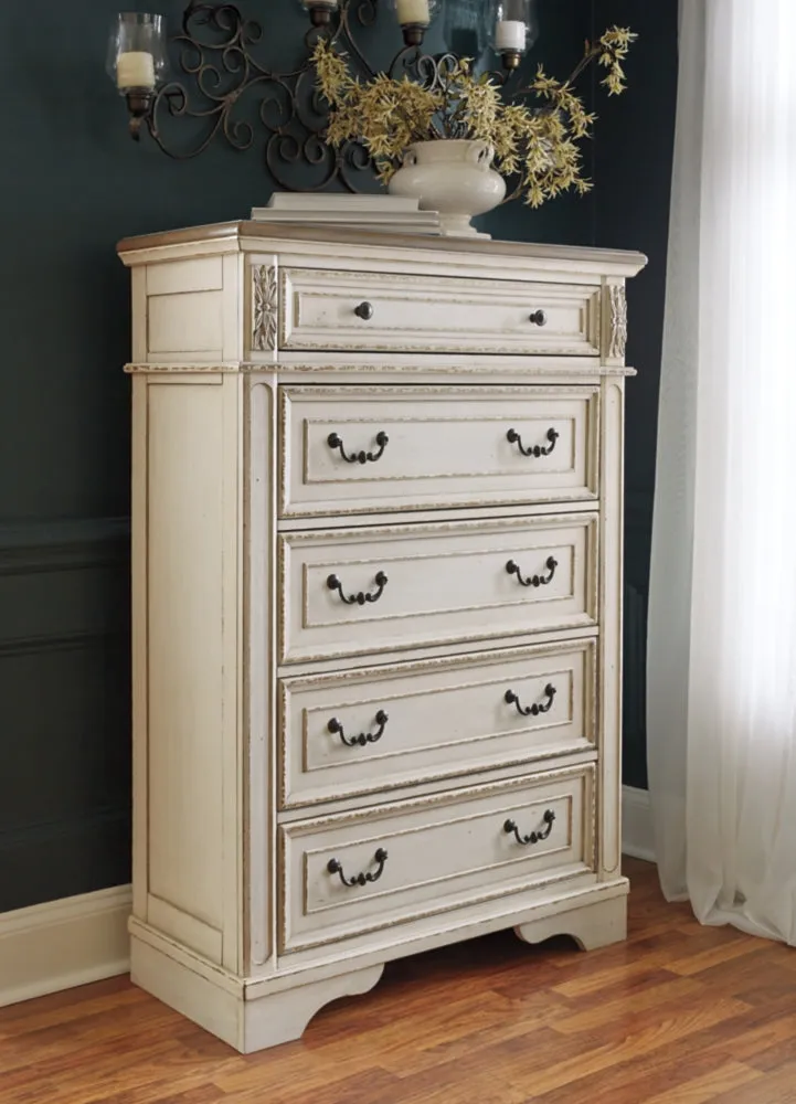 Realyn Queen Upholstered Panel Bed with Mirrored Dresser and Chest