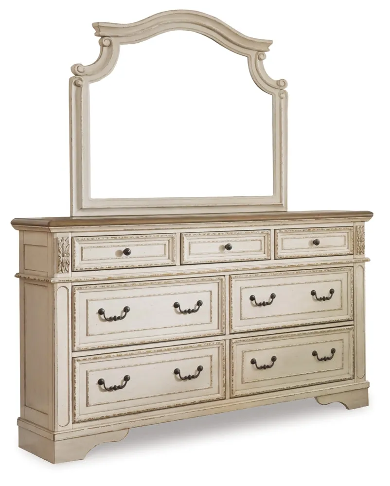 Realyn Queen Upholstered Panel Bed with Mirrored Dresser and Chest