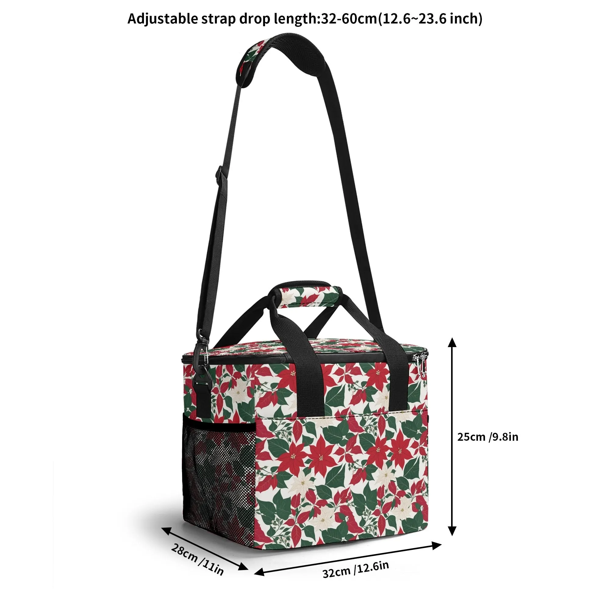 Red and White Poinsettia Flower Insulated Leakproof Cooler Bag Lunch Box