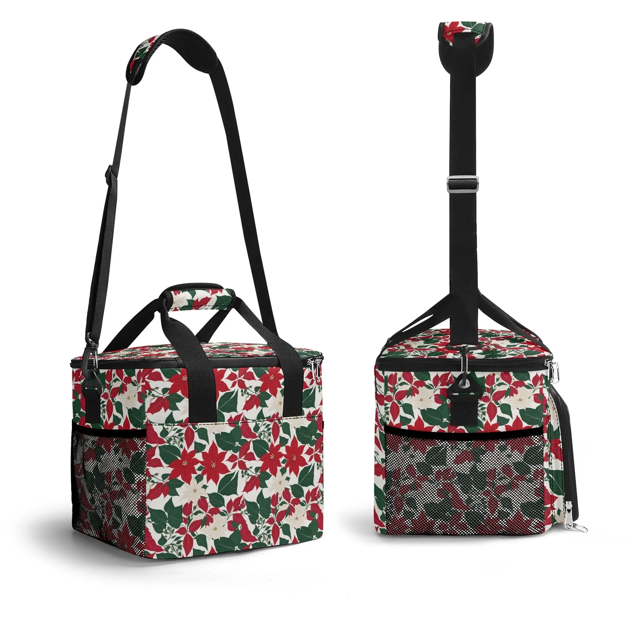 Red and White Poinsettia Flower Insulated Leakproof Cooler Bag Lunch Box