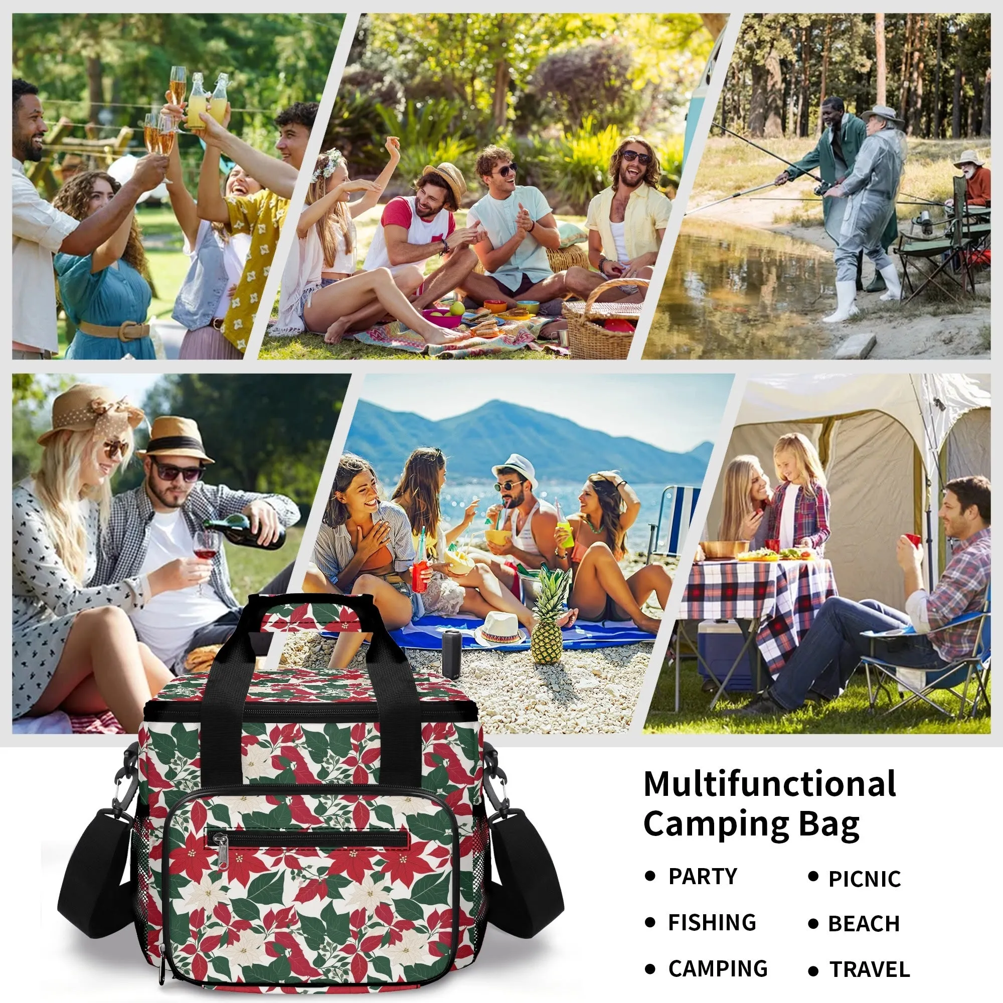 Red and White Poinsettia Flower Insulated Leakproof Cooler Bag Lunch Box