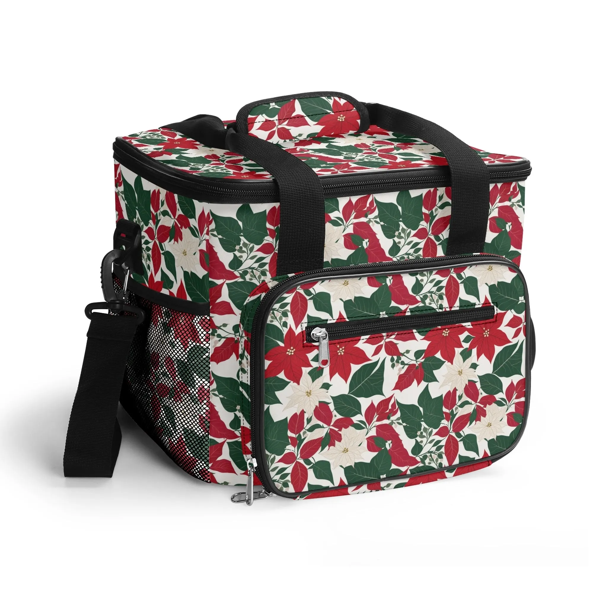 Red and White Poinsettia Flower Insulated Leakproof Cooler Bag Lunch Box