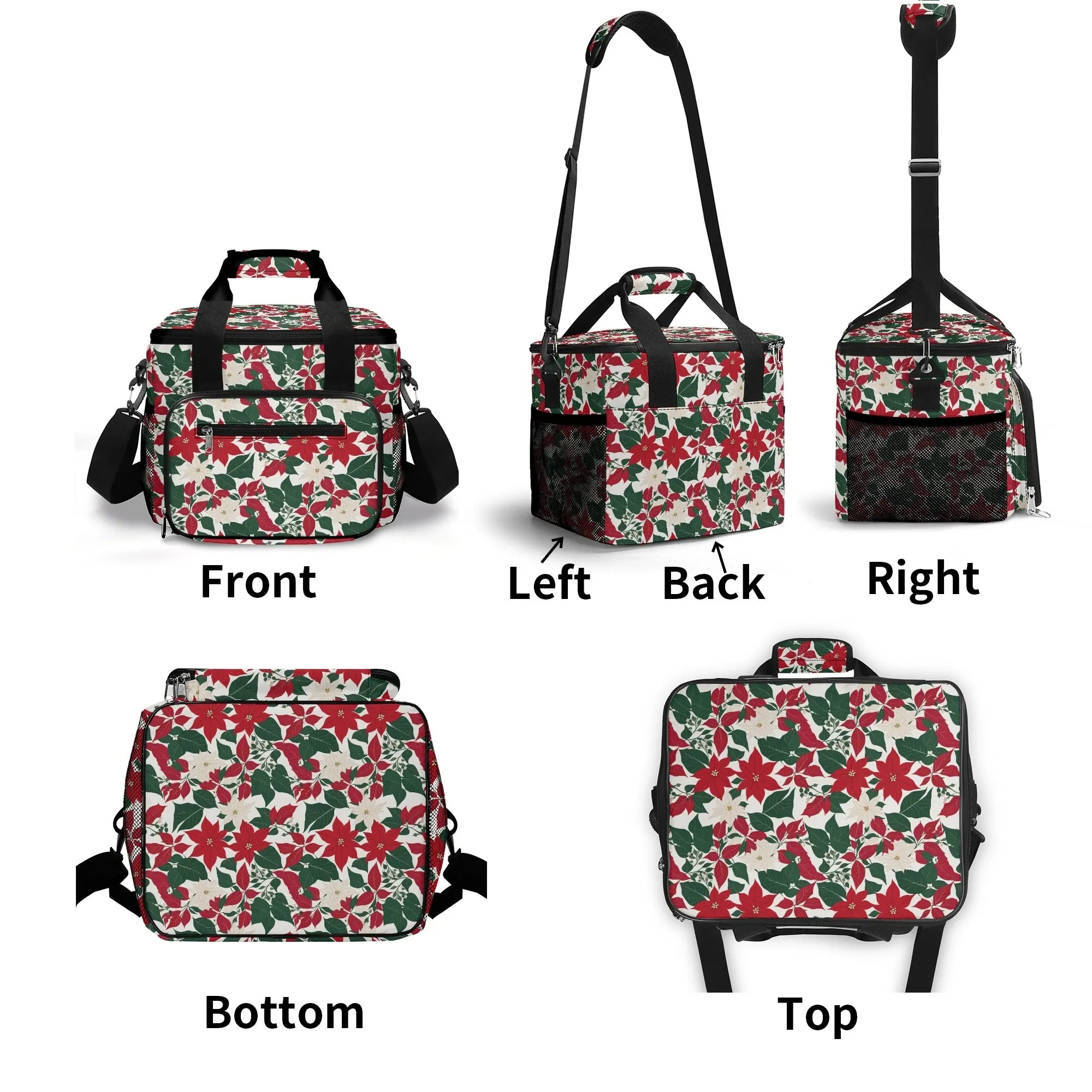 Red and White Poinsettia Flower Insulated Leakproof Cooler Bag Lunch Box