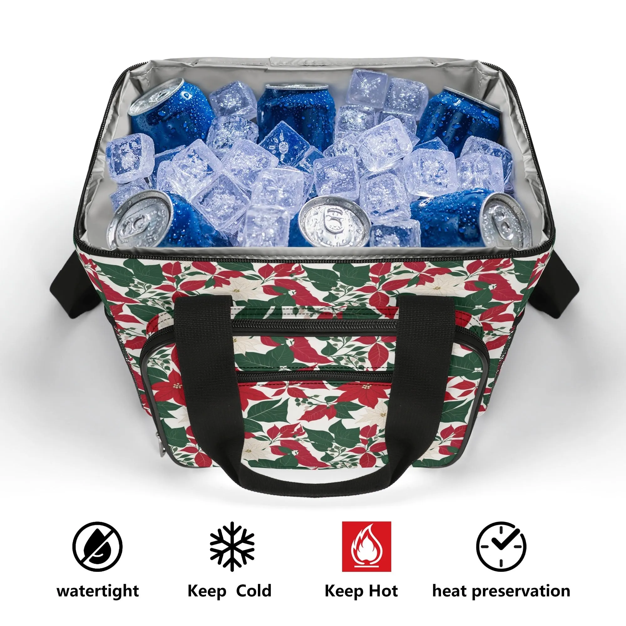 Red and White Poinsettia Flower Insulated Leakproof Cooler Bag Lunch Box
