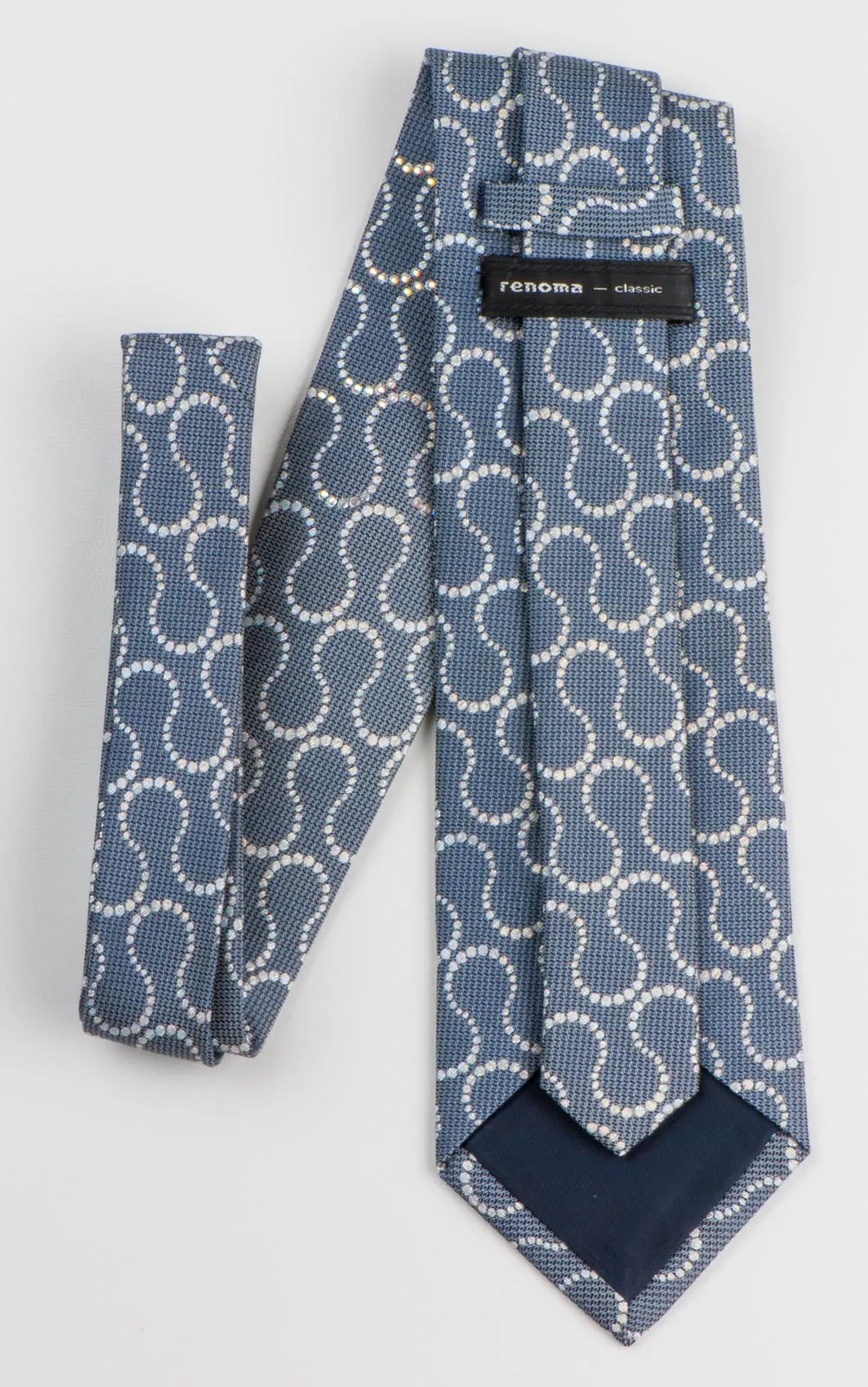 Renoma Mens Silk Rhinestone Neck Tie Silver Geometric On Gray Silk With Silver Sparkles