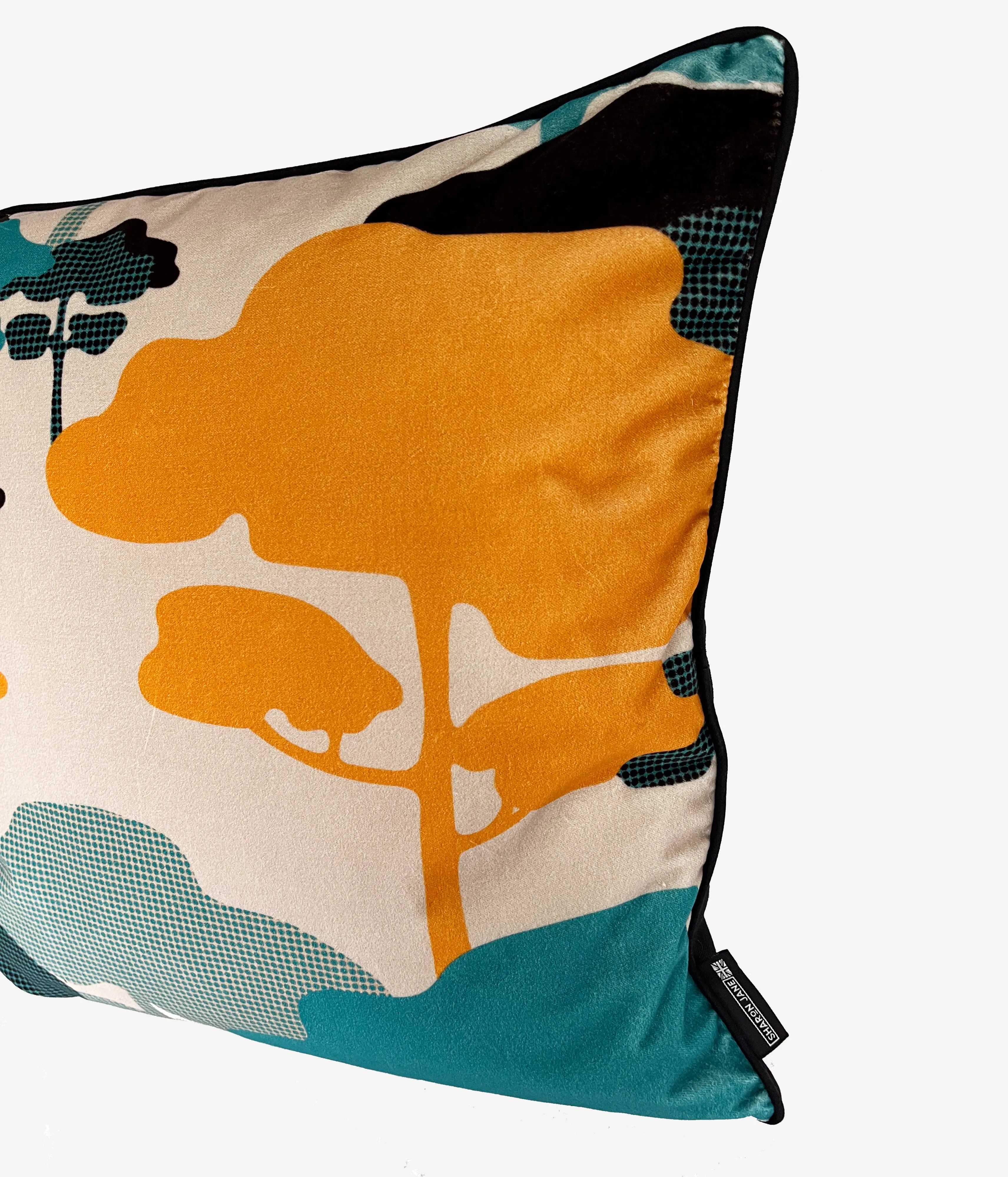 Retro Tree Velvet Cushion - Tangerine   Turquoise