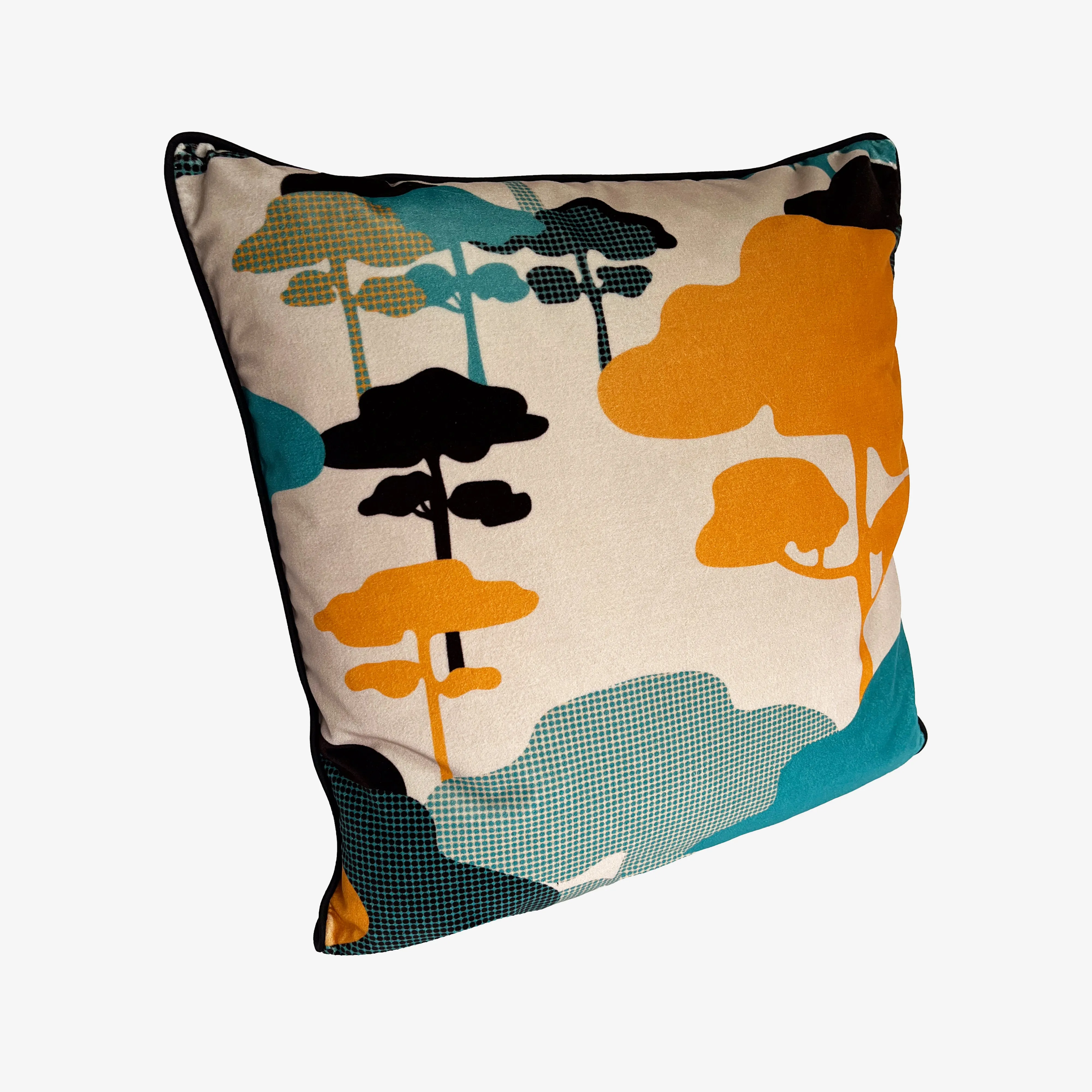 Retro Tree Velvet Cushion - Tangerine   Turquoise