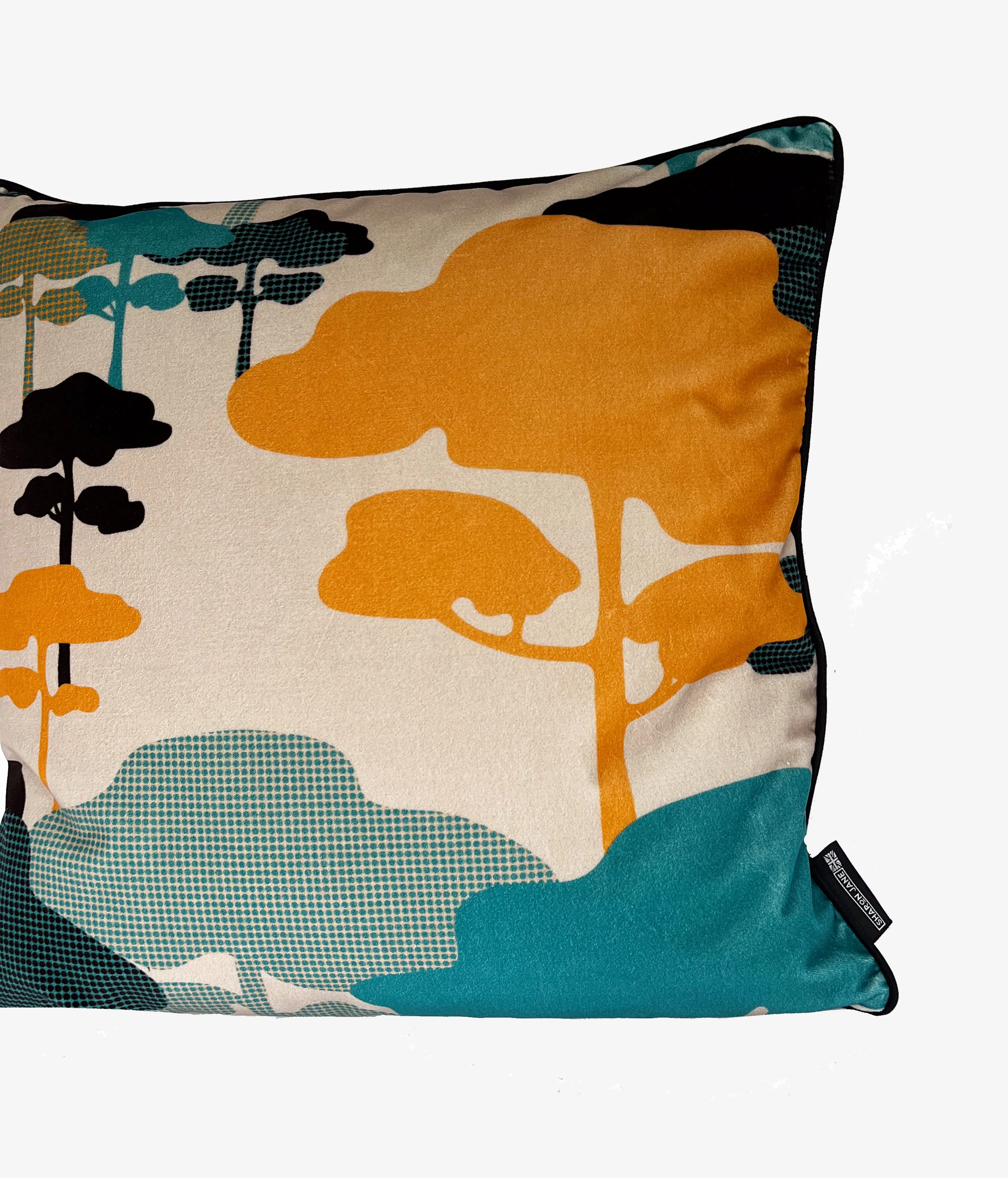 Retro Tree Velvet Cushion - Tangerine   Turquoise