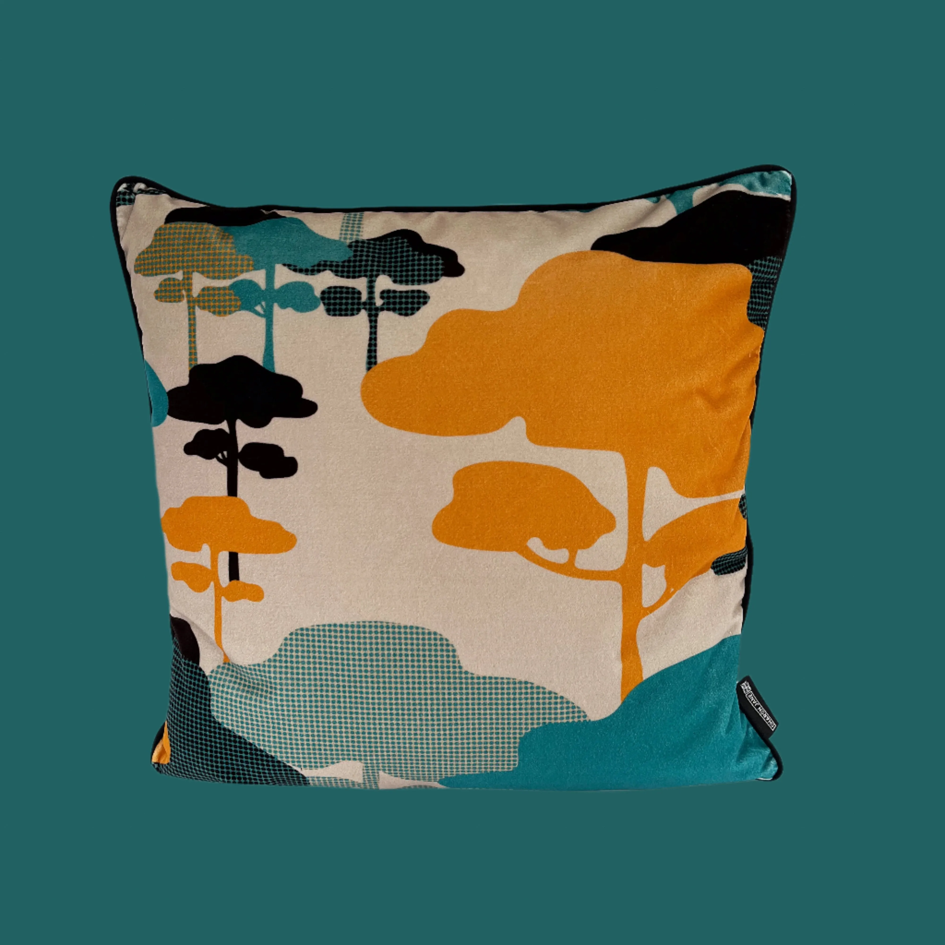 Retro Tree Velvet Cushion - Tangerine   Turquoise